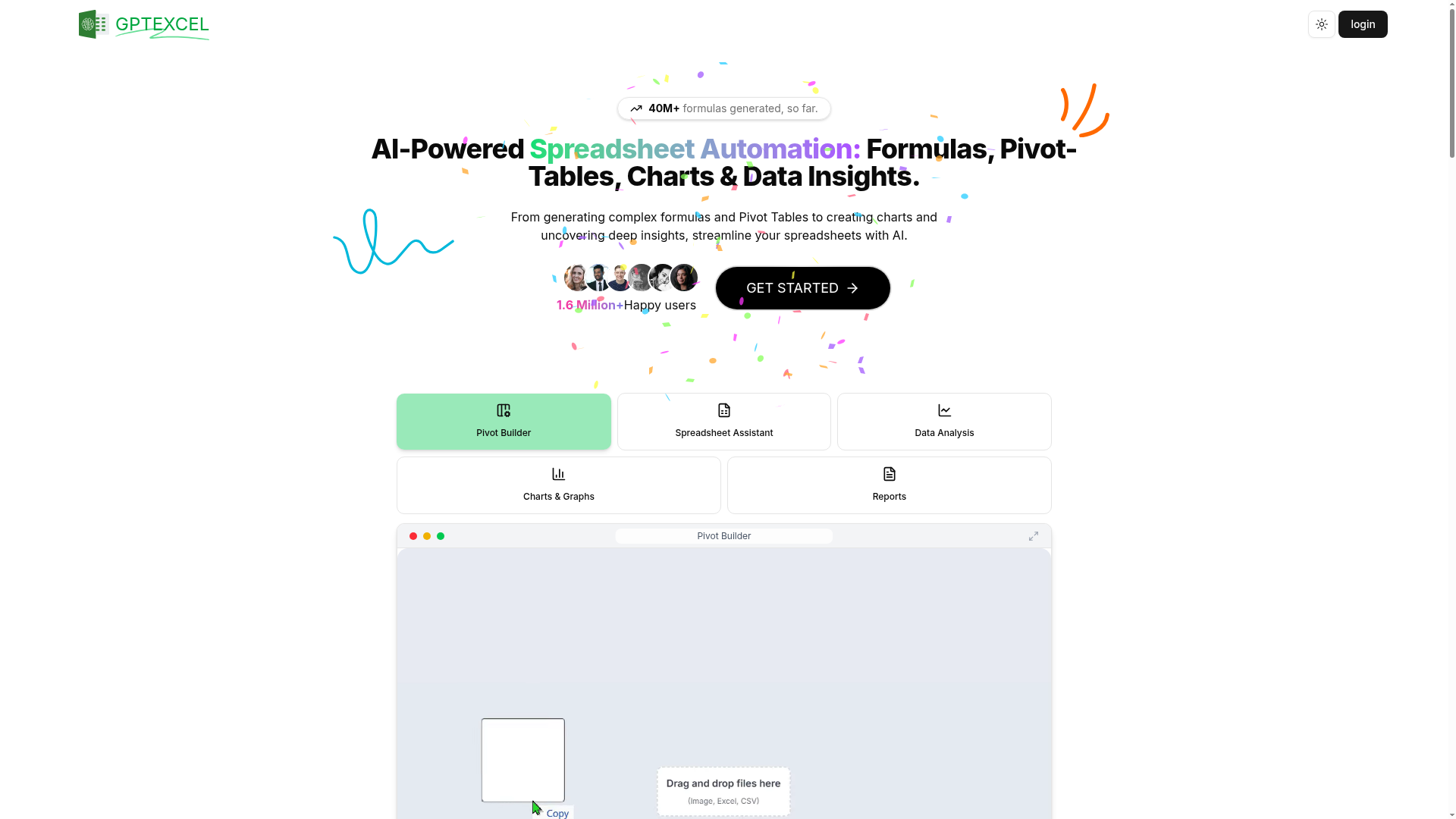 GPTExcel homepage showing its spreadsheet automation assistants