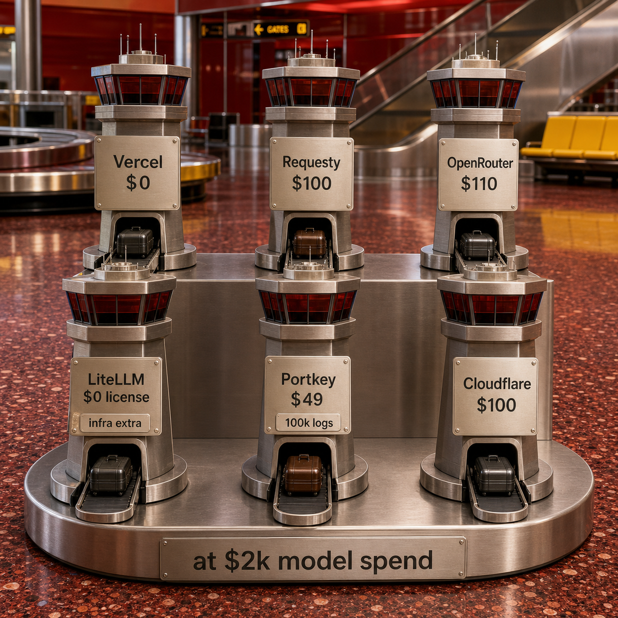 Physical cost comparison of six AI gateways at two thousand dollars in monthly model spend