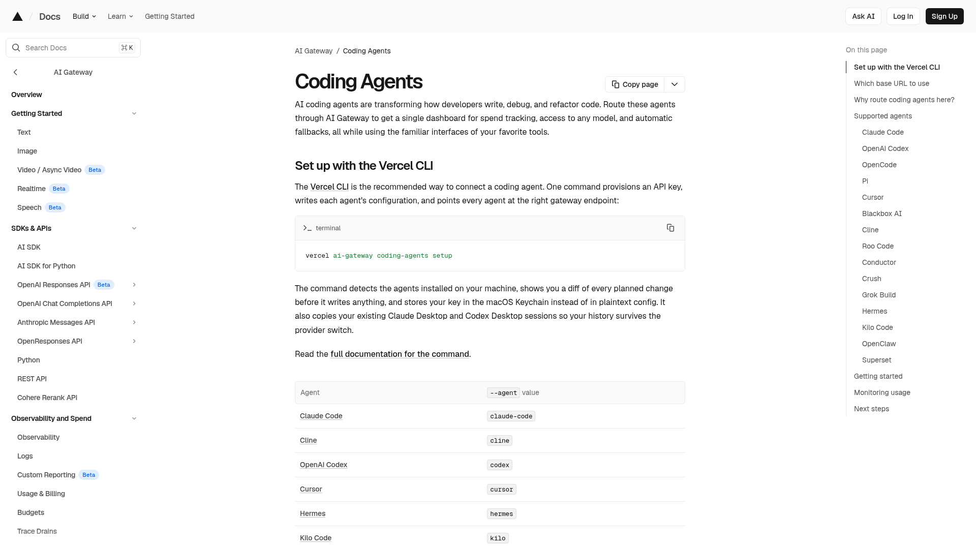 Vercel AI Gateway coding agents documentation