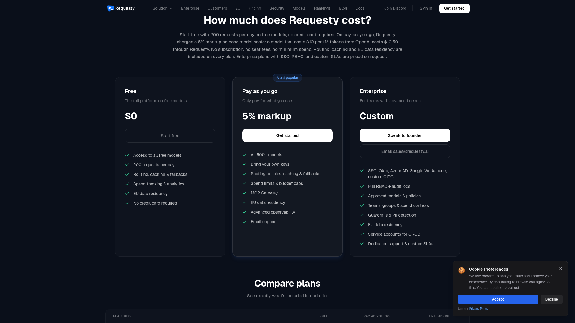 Requesty AI gateway pricing page