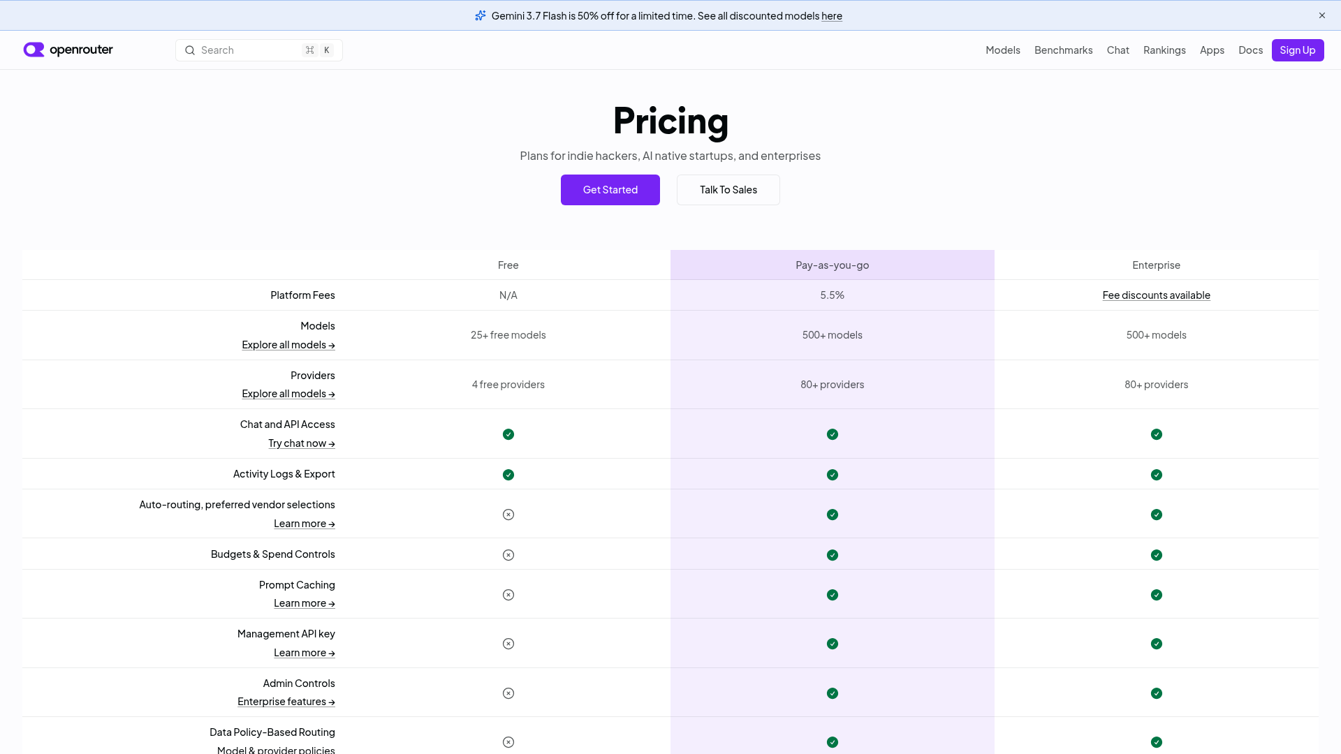 OpenRouter gateway pricing page