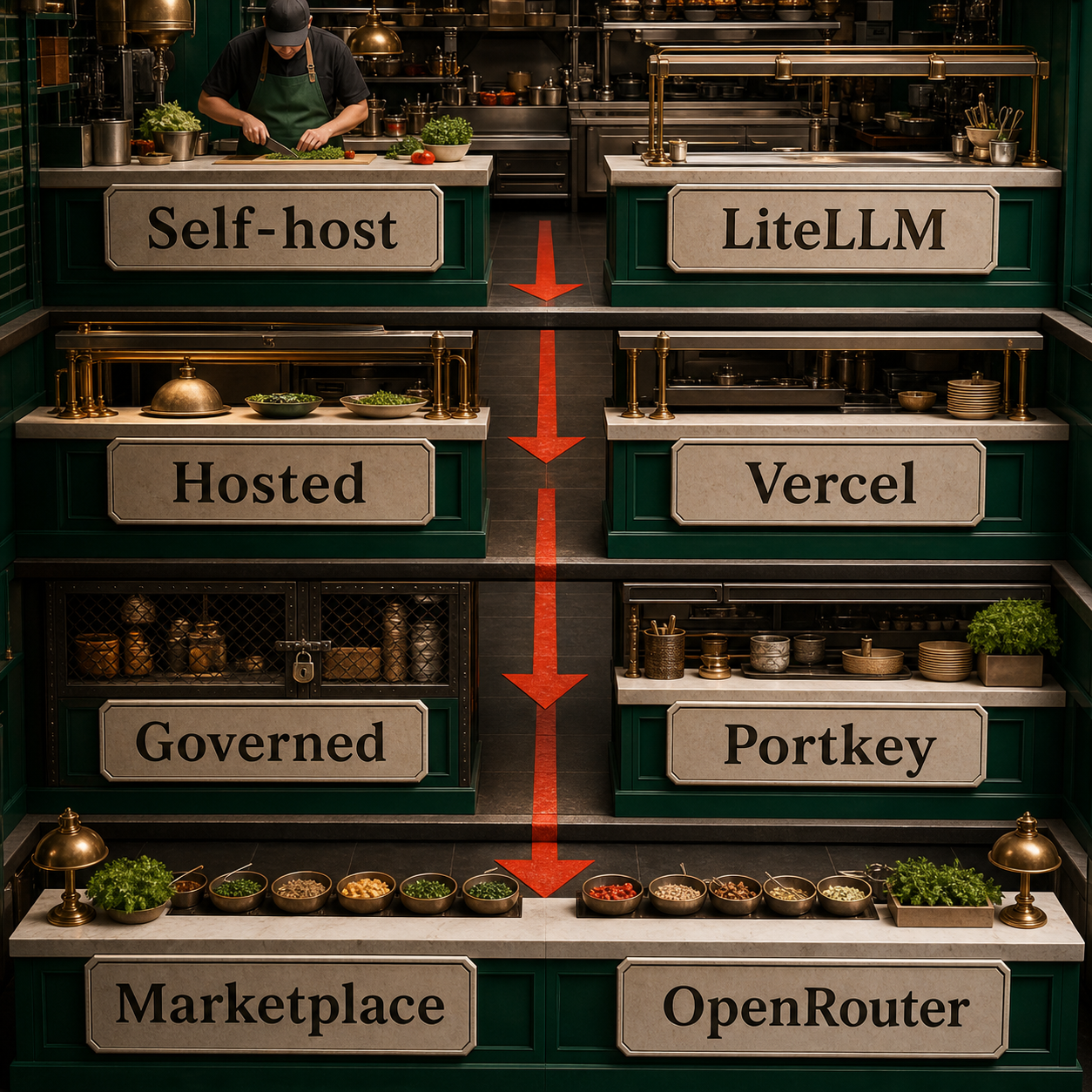 Decision flow for choosing a self-hosted, managed, governed, or marketplace AI gateway