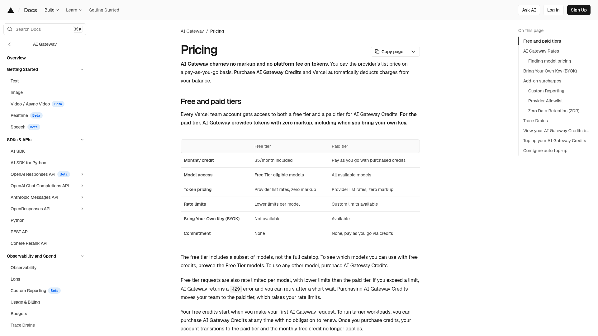 Vercel AI Gateway live pricing documentation