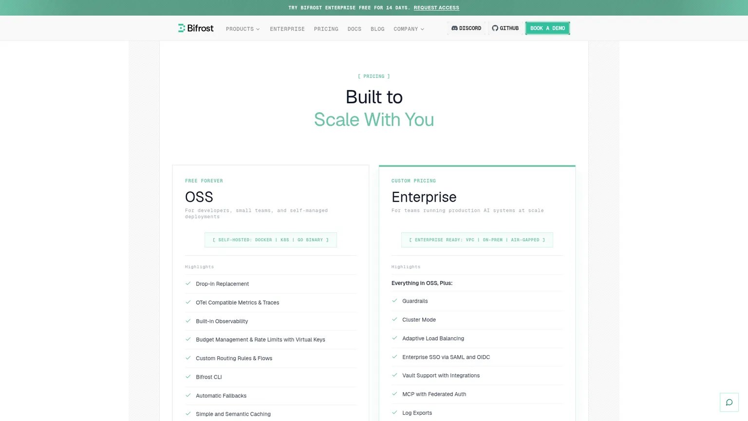 Bifrost OSS와 Enterprise 게이트웨이 가격