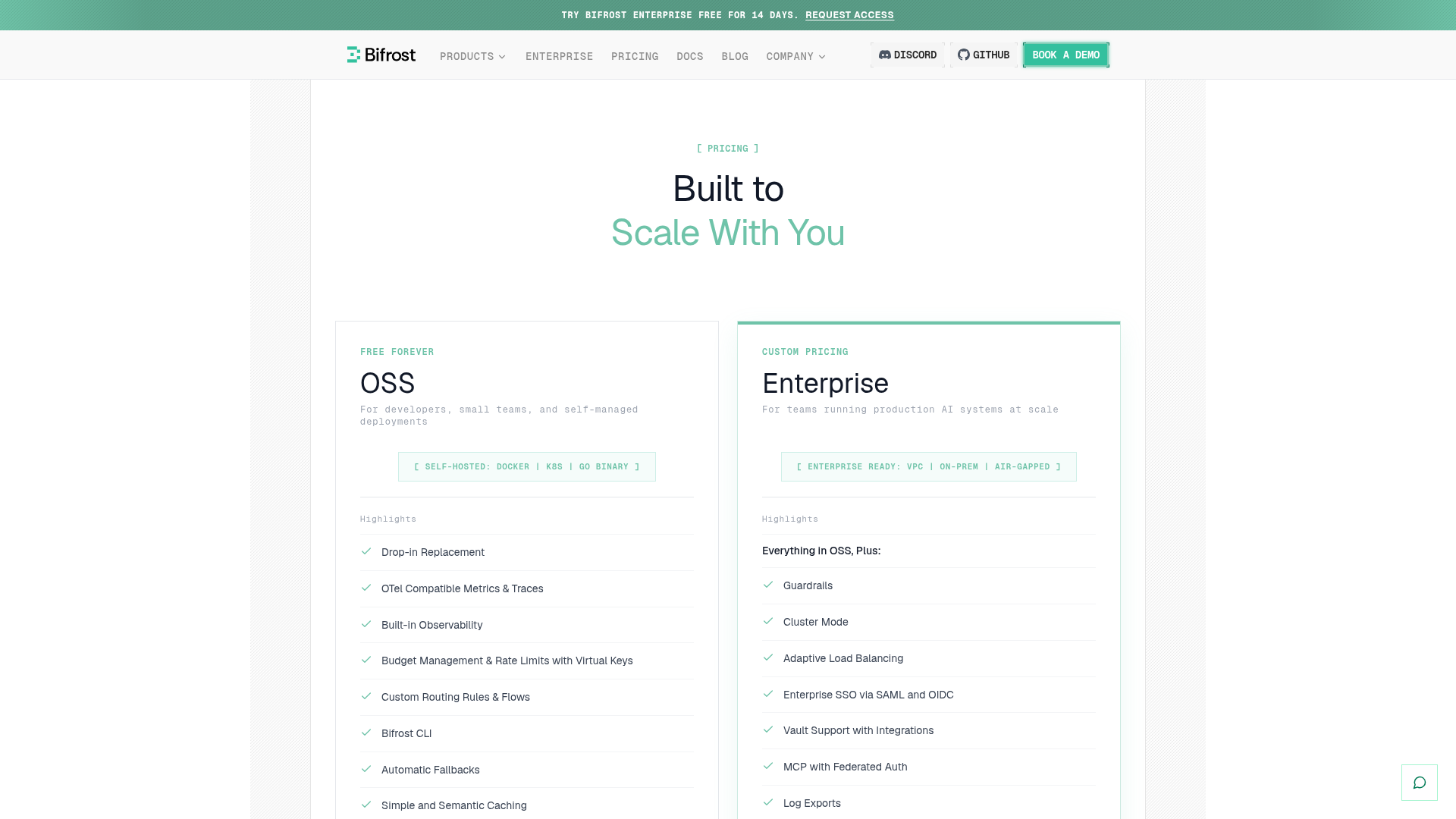 Bifrost OSS and Enterprise gateway pricing