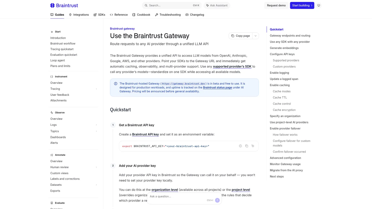 Braintrust Gateway 문서와 빠른 시작