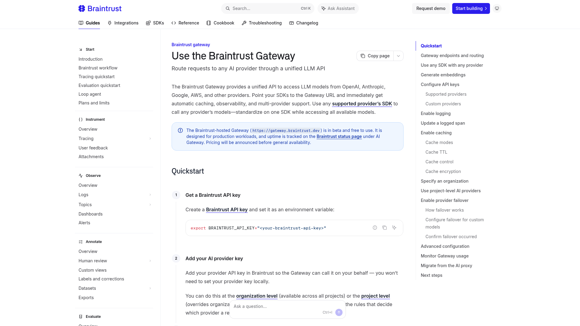 Braintrust Gateway documentation and quickstart