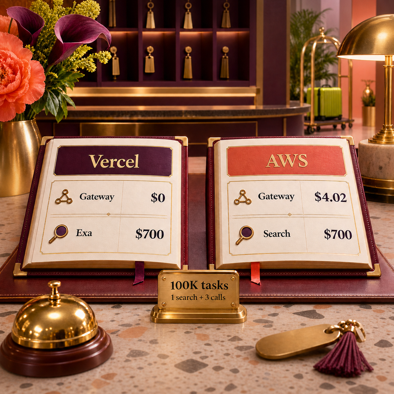 Two concierge ledgers separate gateway charges from managed search charges for a 100,000-task month