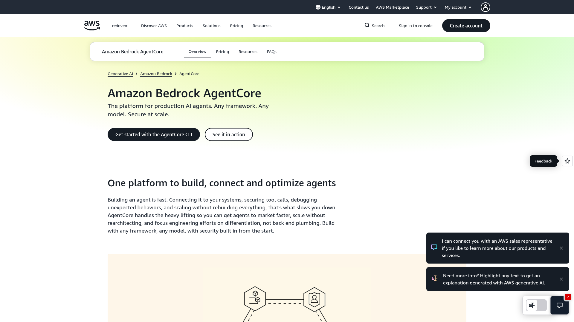 Amazon Bedrock AgentCore product page showing its managed agent infrastructure