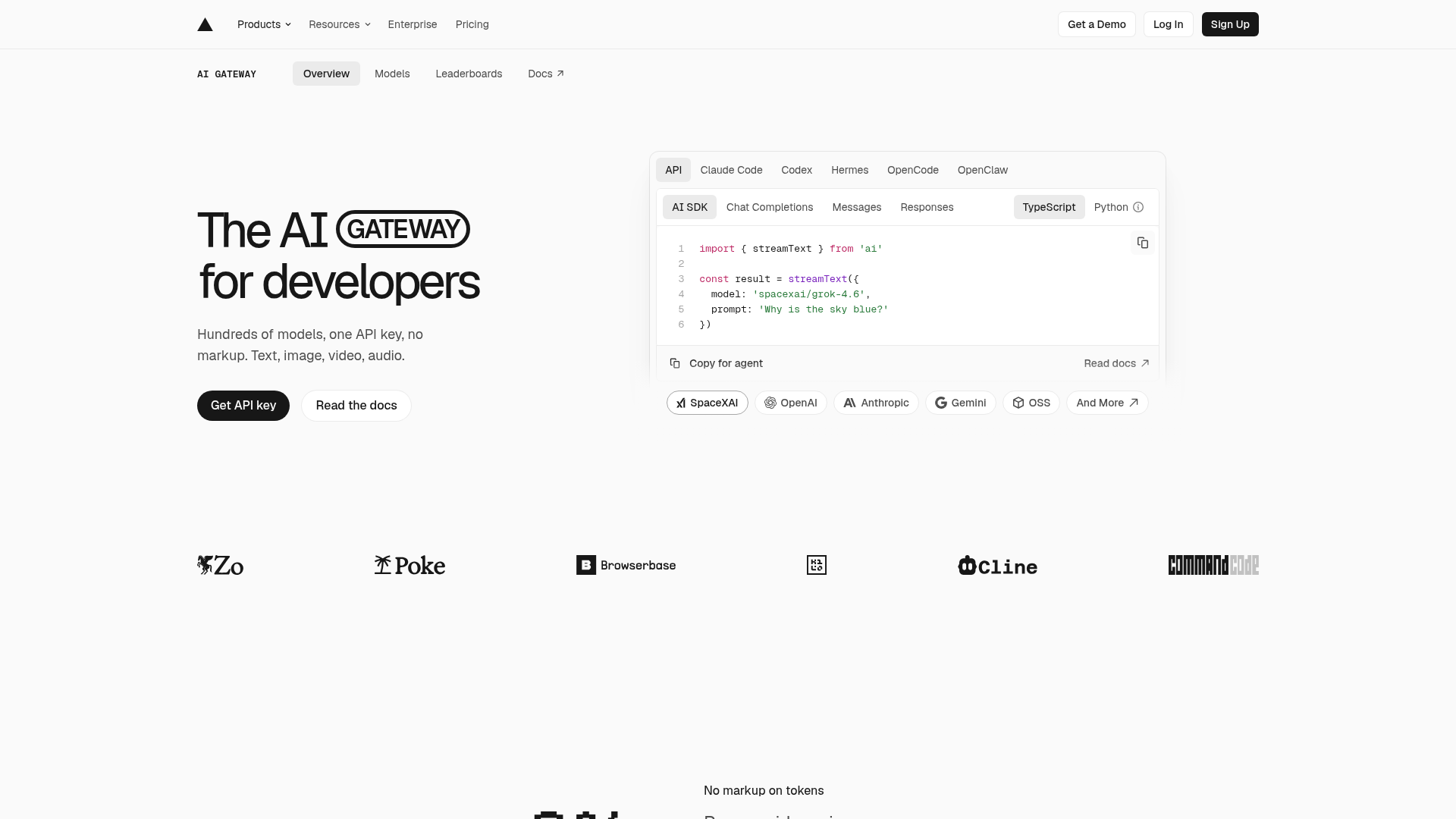 Vercel AI Gateway product page showing unified model access and gateway controls