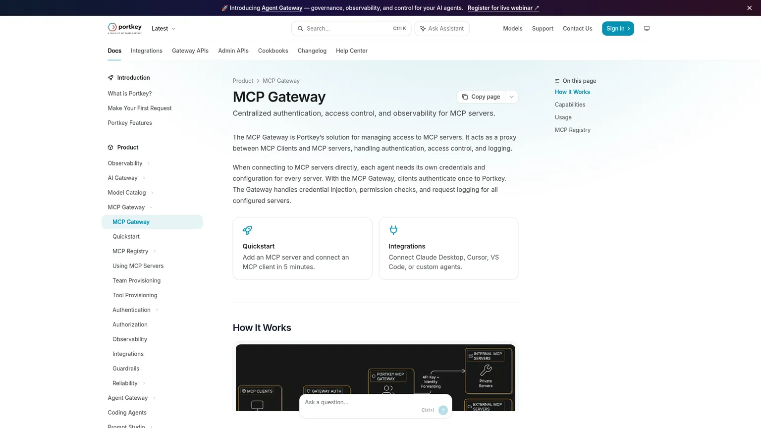 Документация Portkey MCP Gateway с описанием централизованного доступа к MCP-серверам