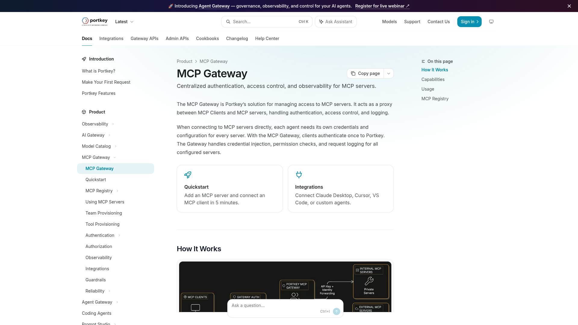 Portkey MCP Gateway documentation showing centralized MCP server access