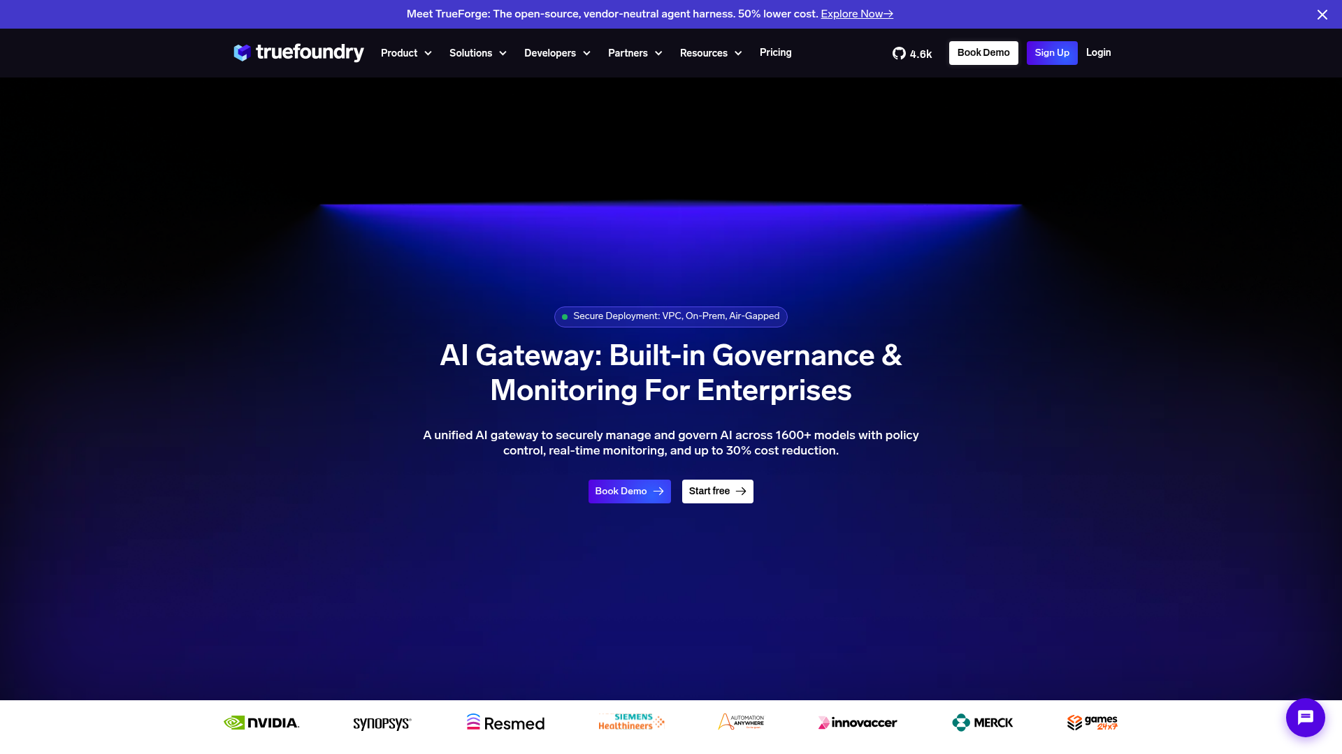 TrueFoundry AI Gateway product page showing model and MCP governance