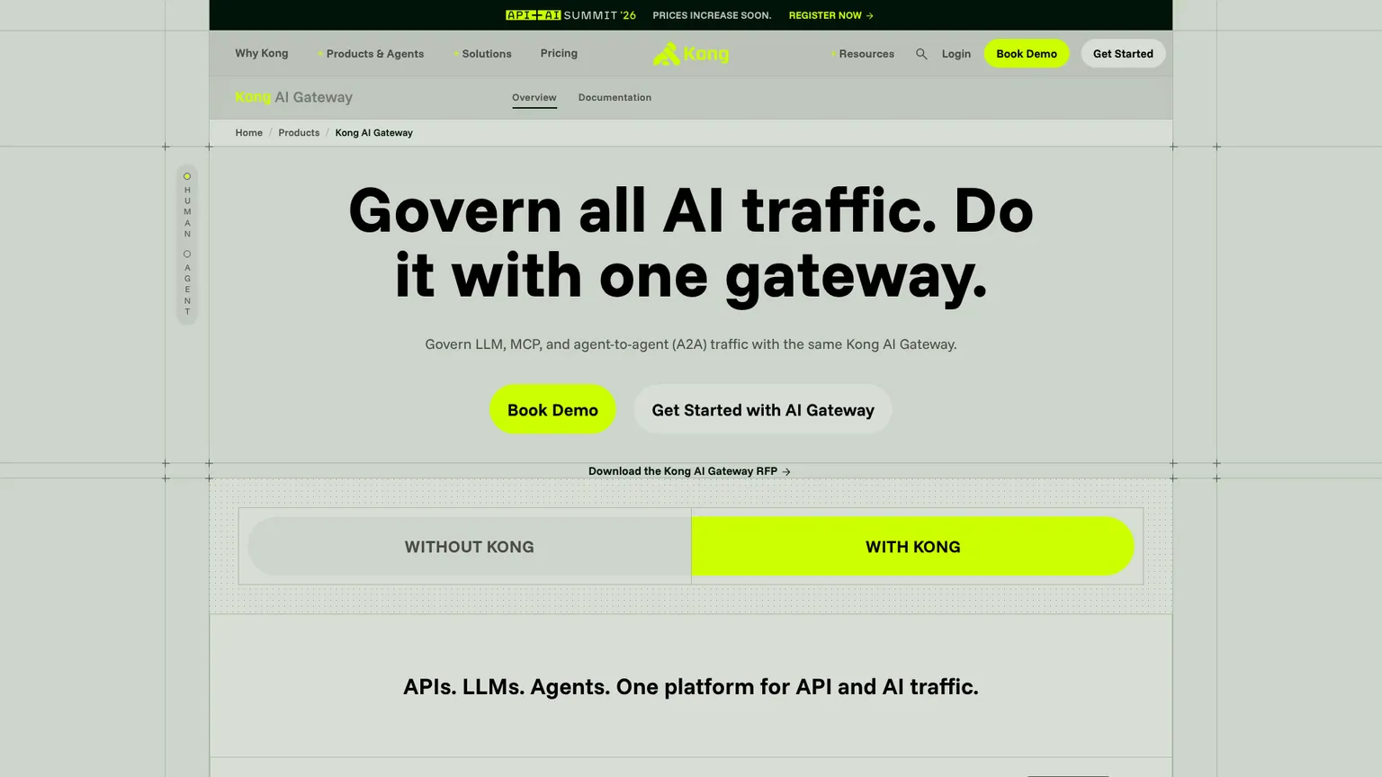 Страница Kong AI Gateway с описанием корпоративного контроля AI-трафика