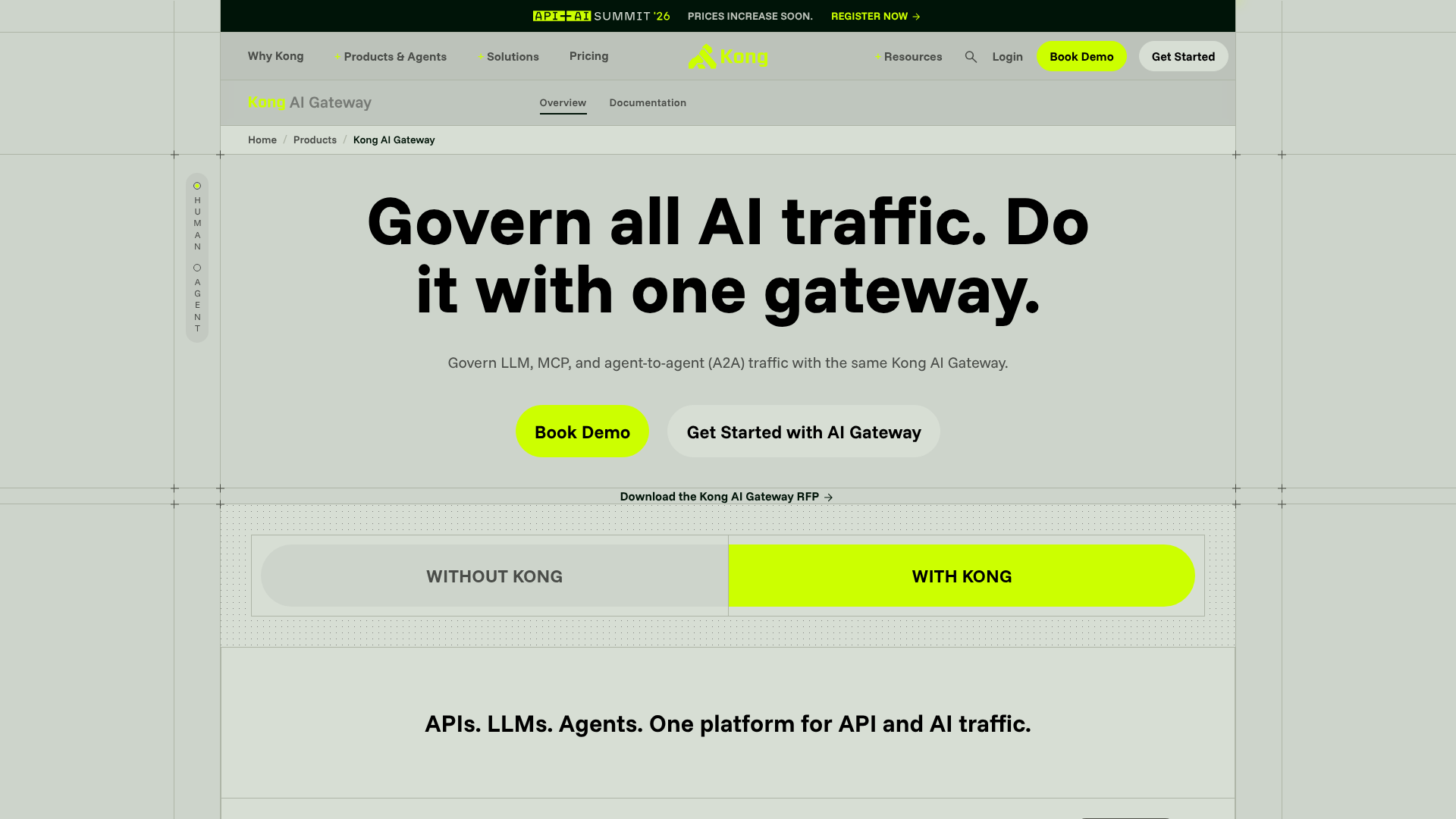 Kong AI Gateway product page showing enterprise AI traffic governance