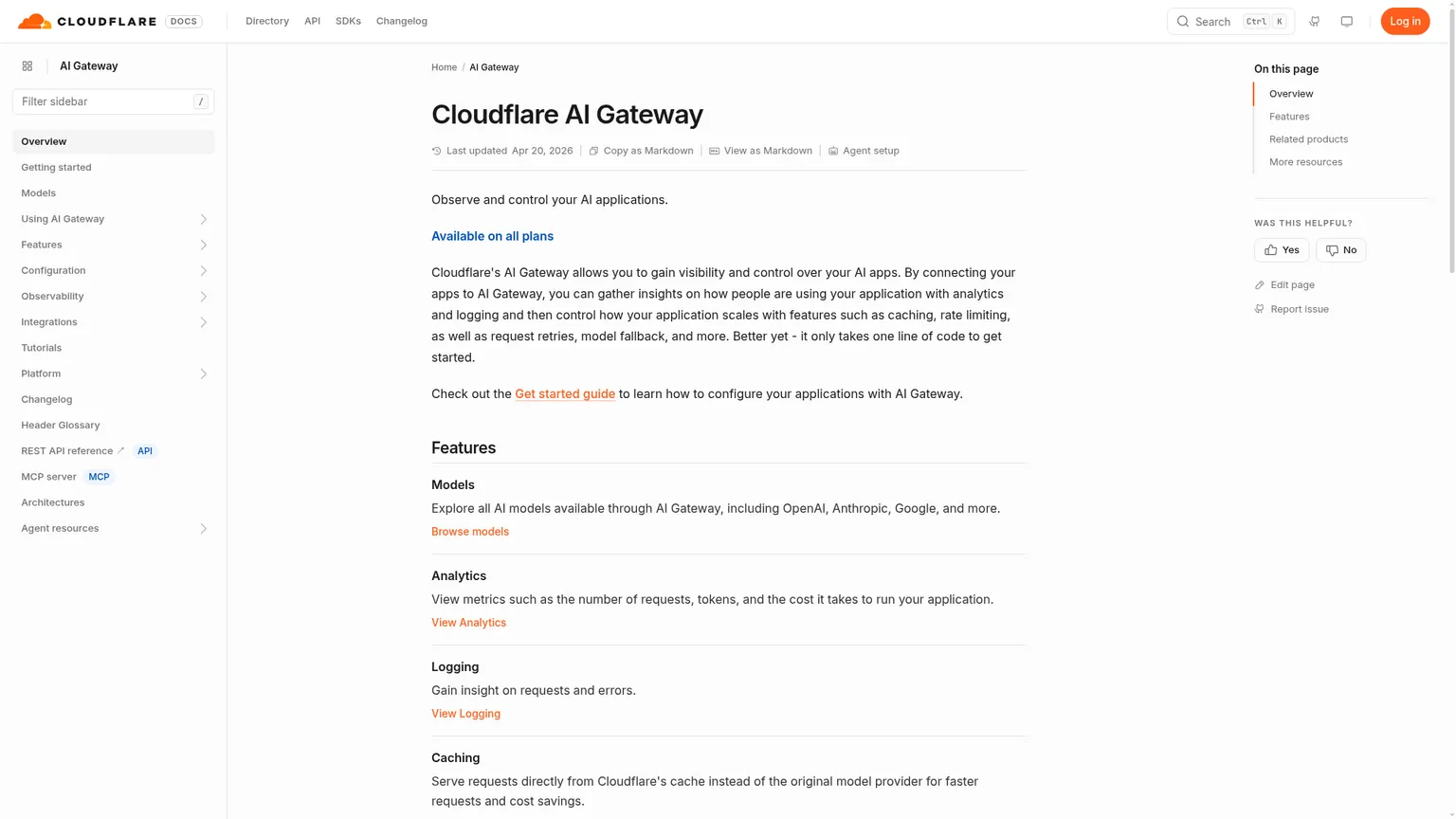 Документация Cloudflare AI Gateway с демонстрацией параметров настройки и контроля