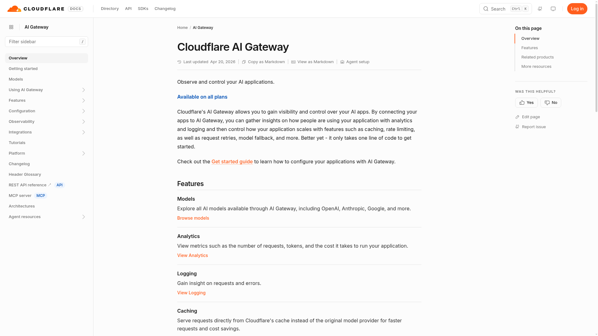 Cloudflare AI Gateway documentation showing its gateway setup and controls