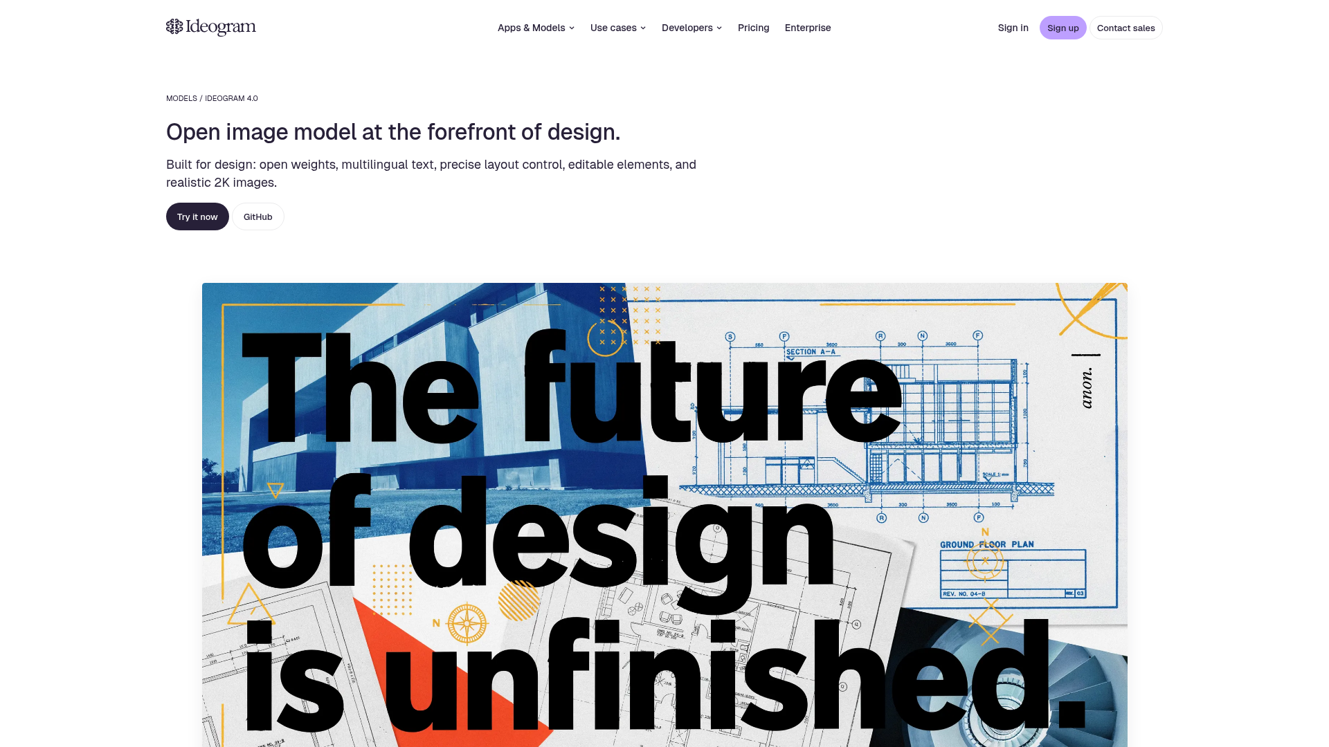 Ideogram 4.0 model page with typography and layout examples