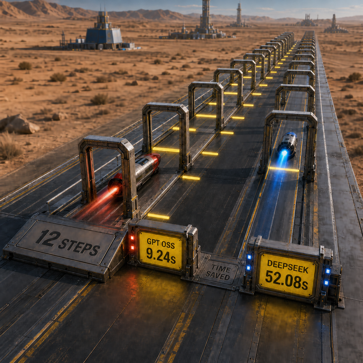 A 12-step agent timing course showing 9.24 seconds saved for GPT OSS and 52.08 seconds saved for DeepSeek R1