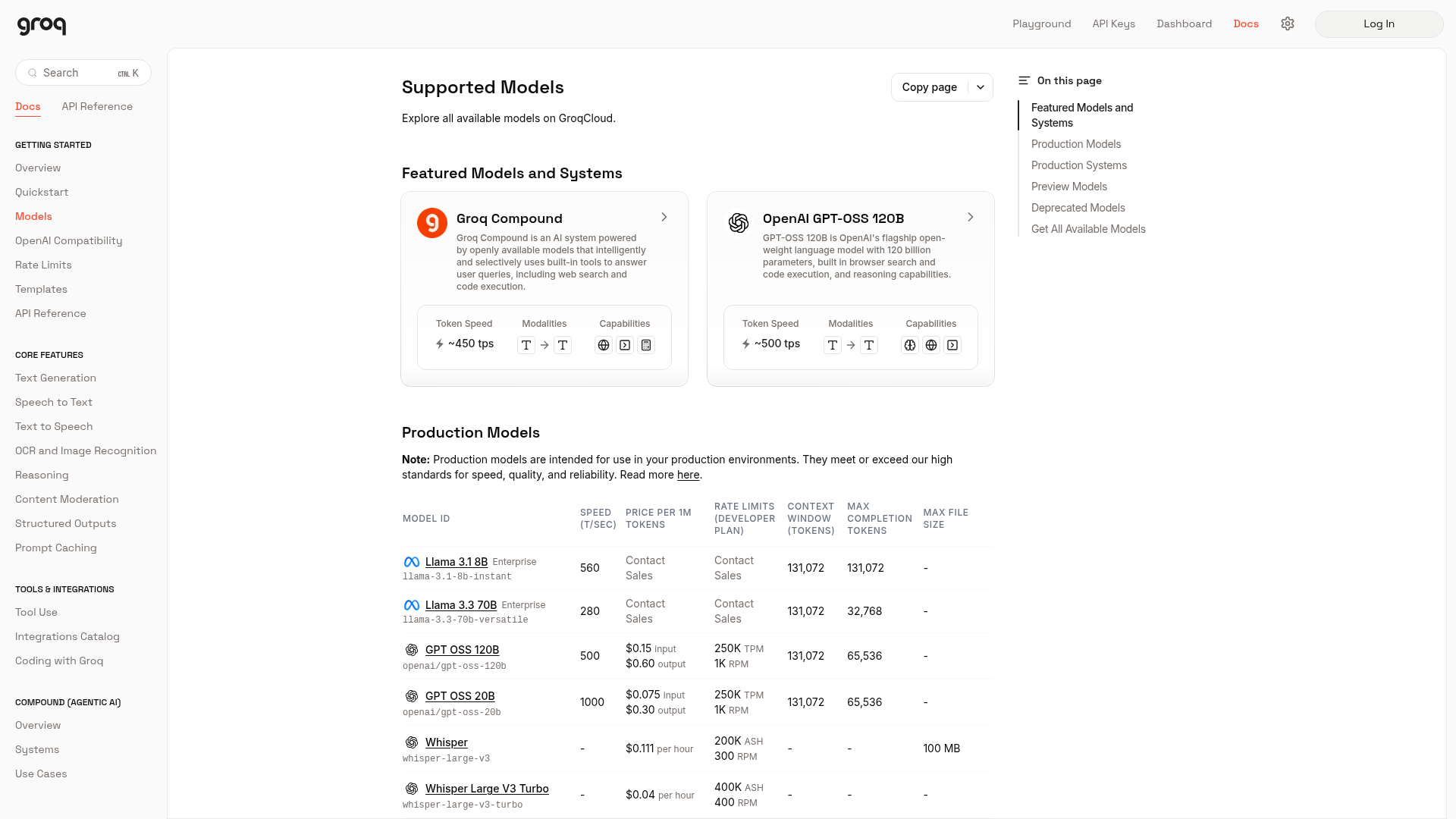 GroqCloud supported models with speed, price, and rate limits