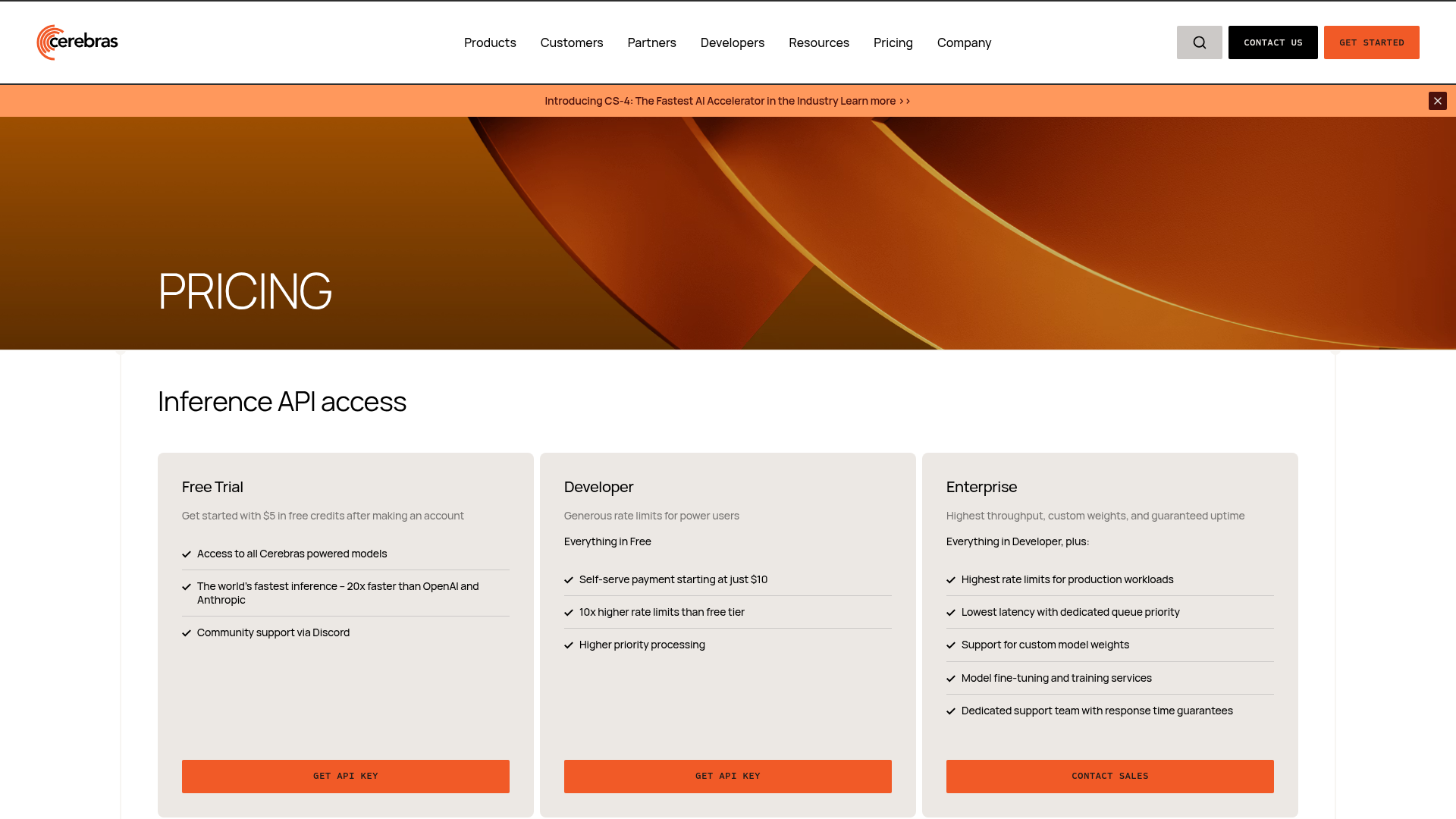 Cerebras inference pricing with Free Trial, Developer, and Enterprise tiers