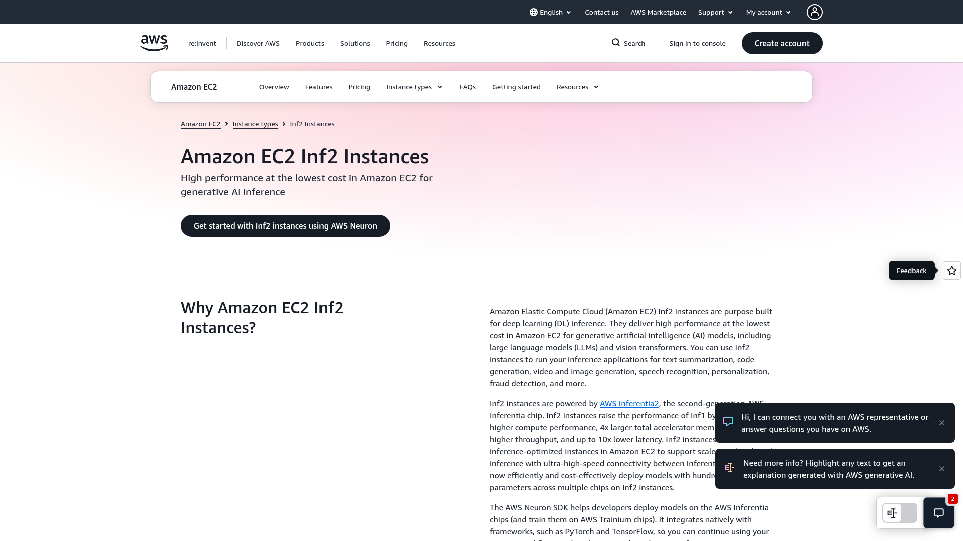 Amazon EC2 Inf2 instance specifications and pricing