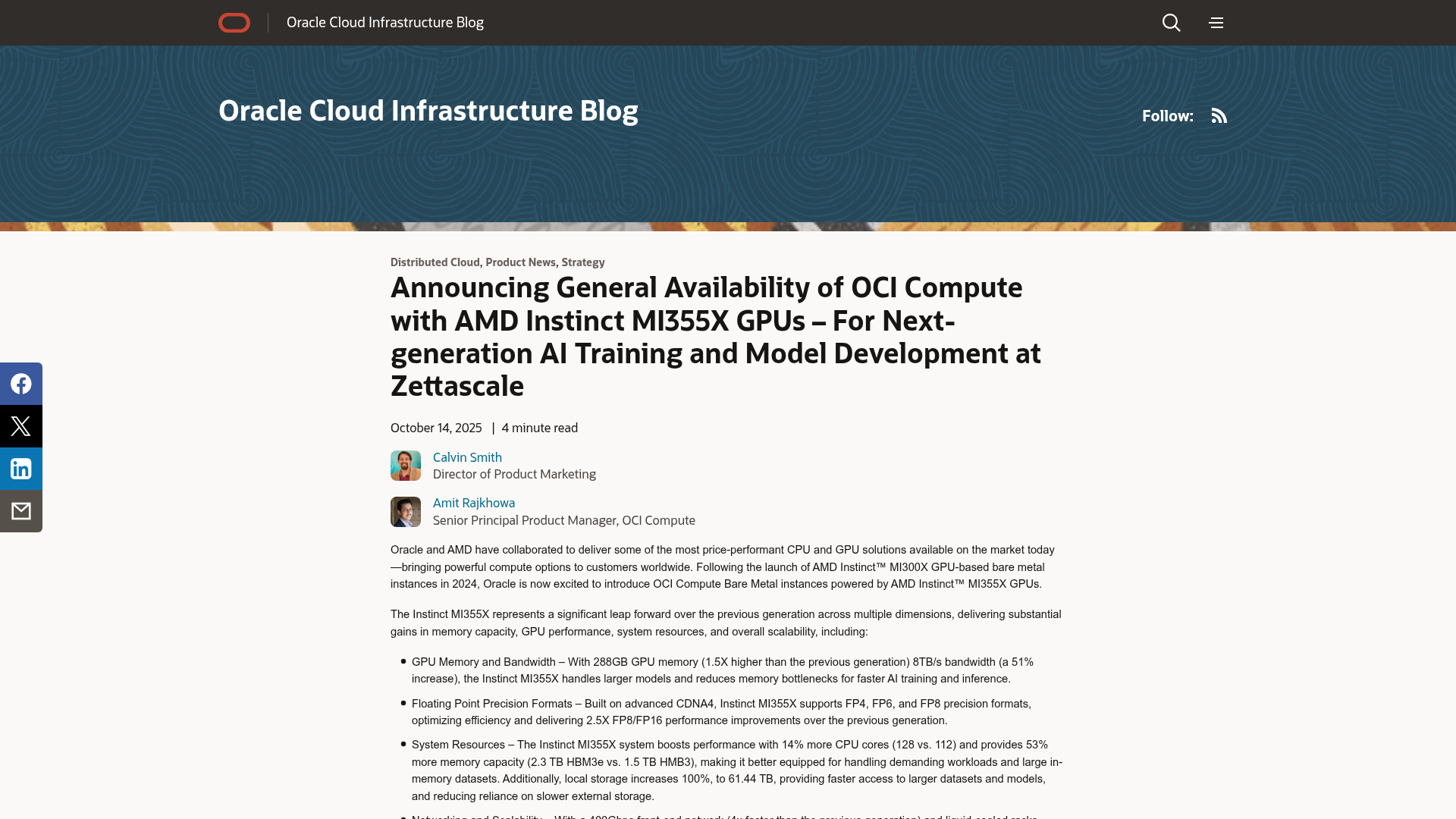 Oracle Cloud Infrastructure AMD MI355X bare-metal instance details