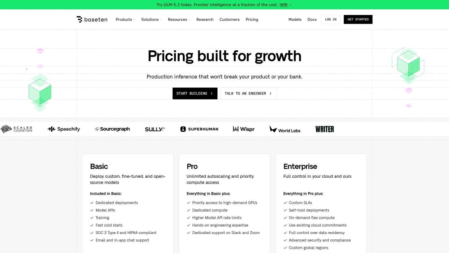 Страница тарифов Baseten с планами Basic, Pro, Enterprise и ставками на вычисления