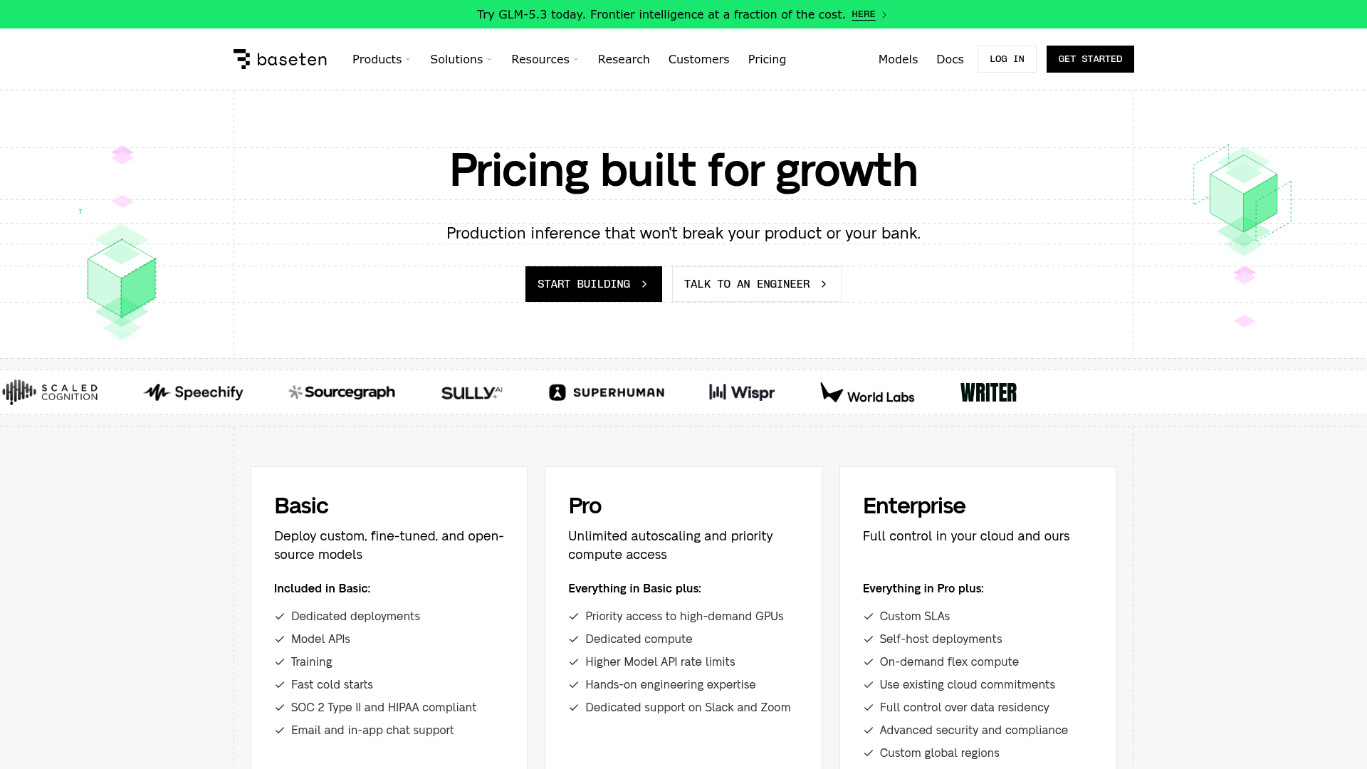 Baseten pricing page showing Basic, Pro, Enterprise, and compute rates
