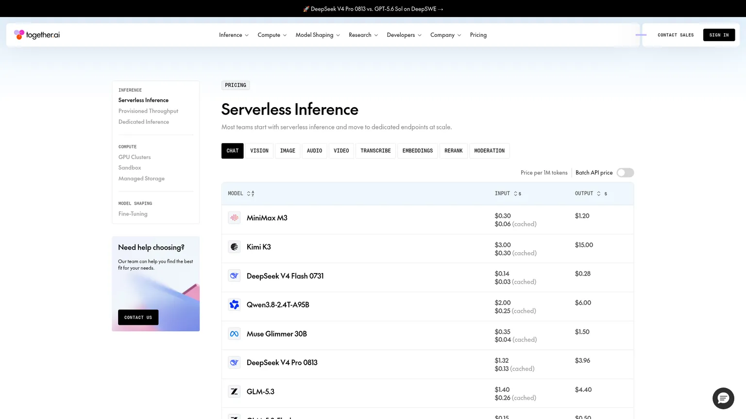 Страница тарифов Together AI со ставками на serverless, гарантированную пропускную способность, выделенный инференс и GPU-кластеры