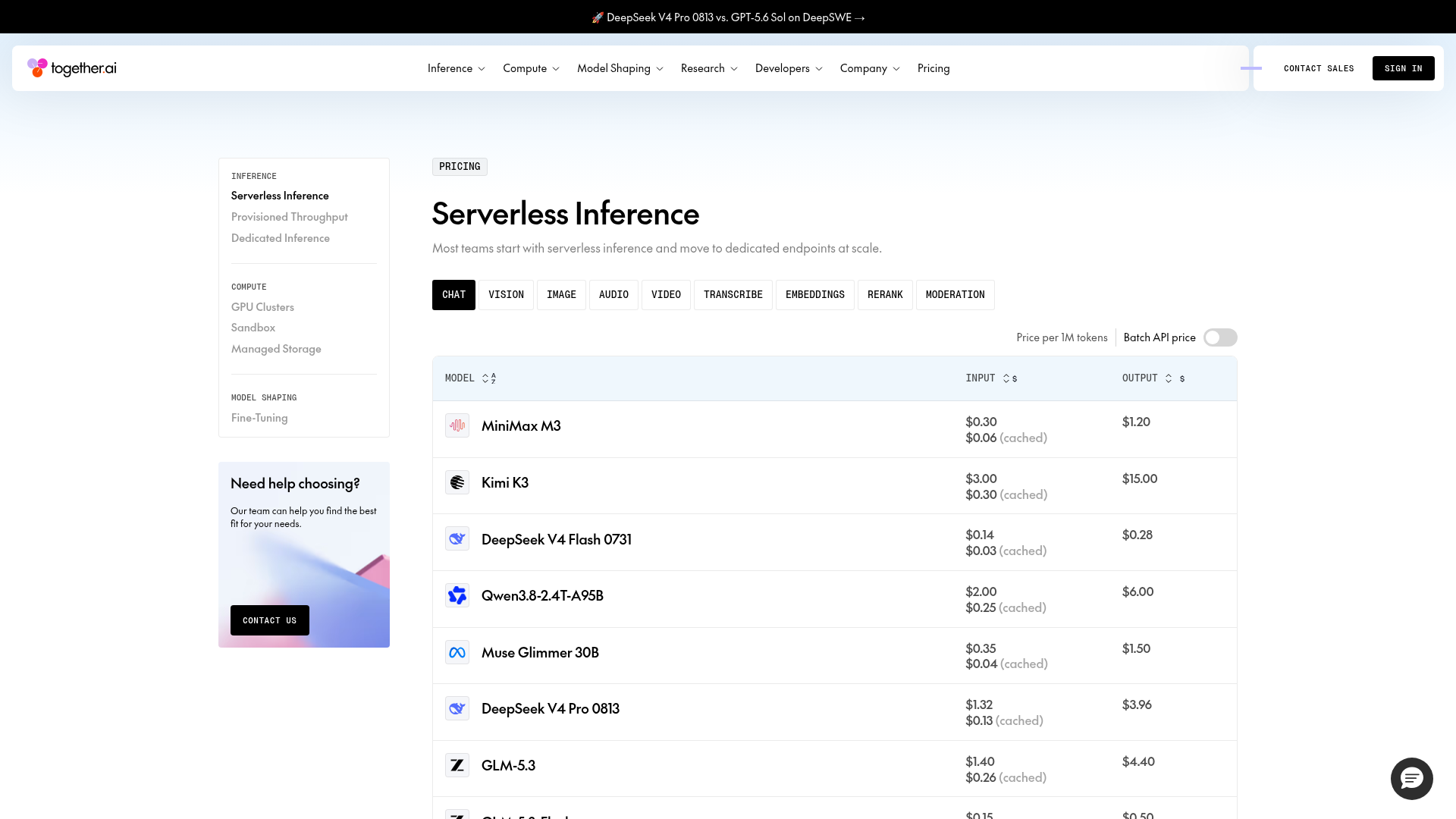 Together AI pricing page showing serverless, provisioned, dedicated, and GPU cluster rates