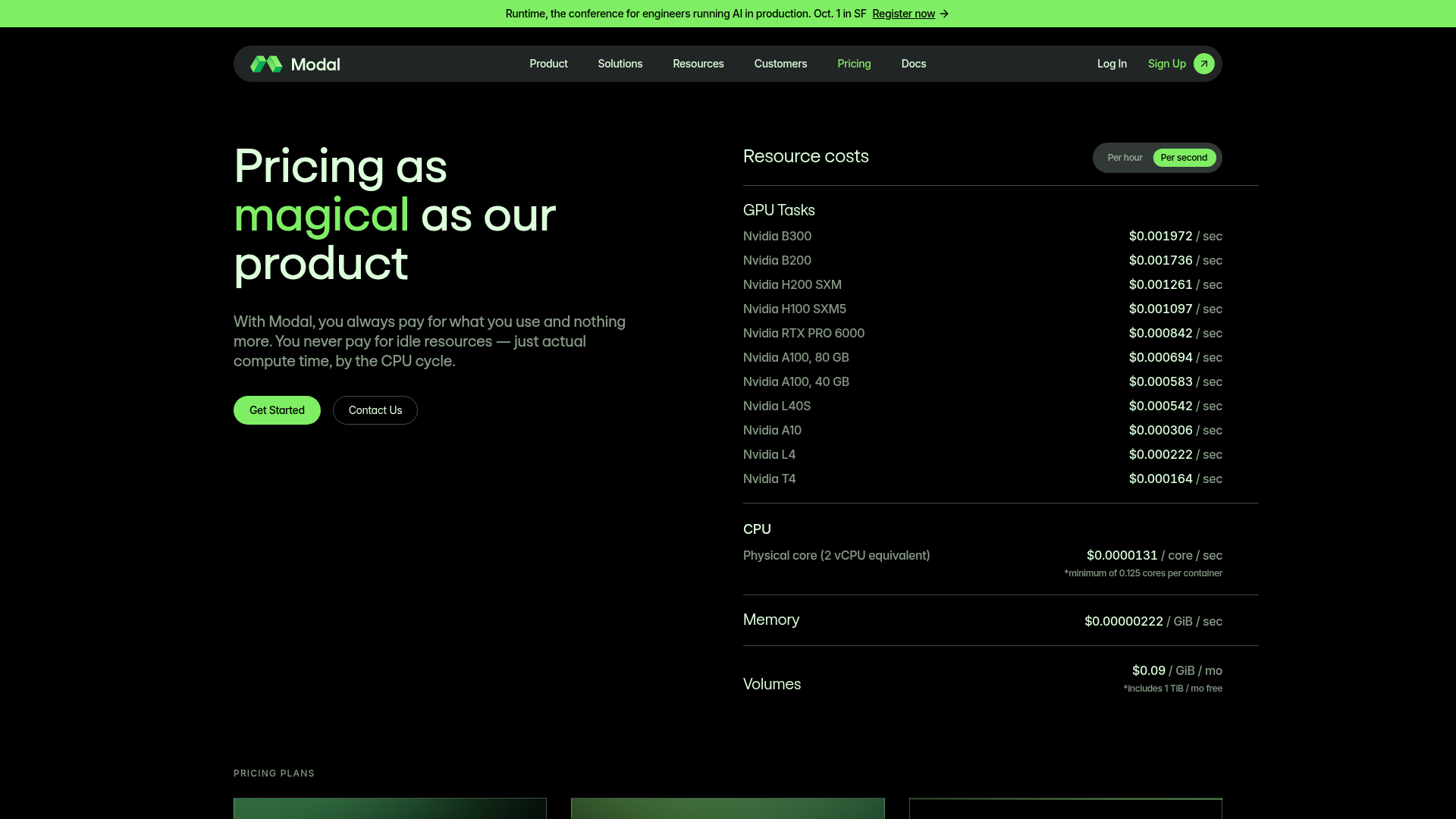 Modal pricing page showing Starter, Team, Enterprise, and GPU resource rates