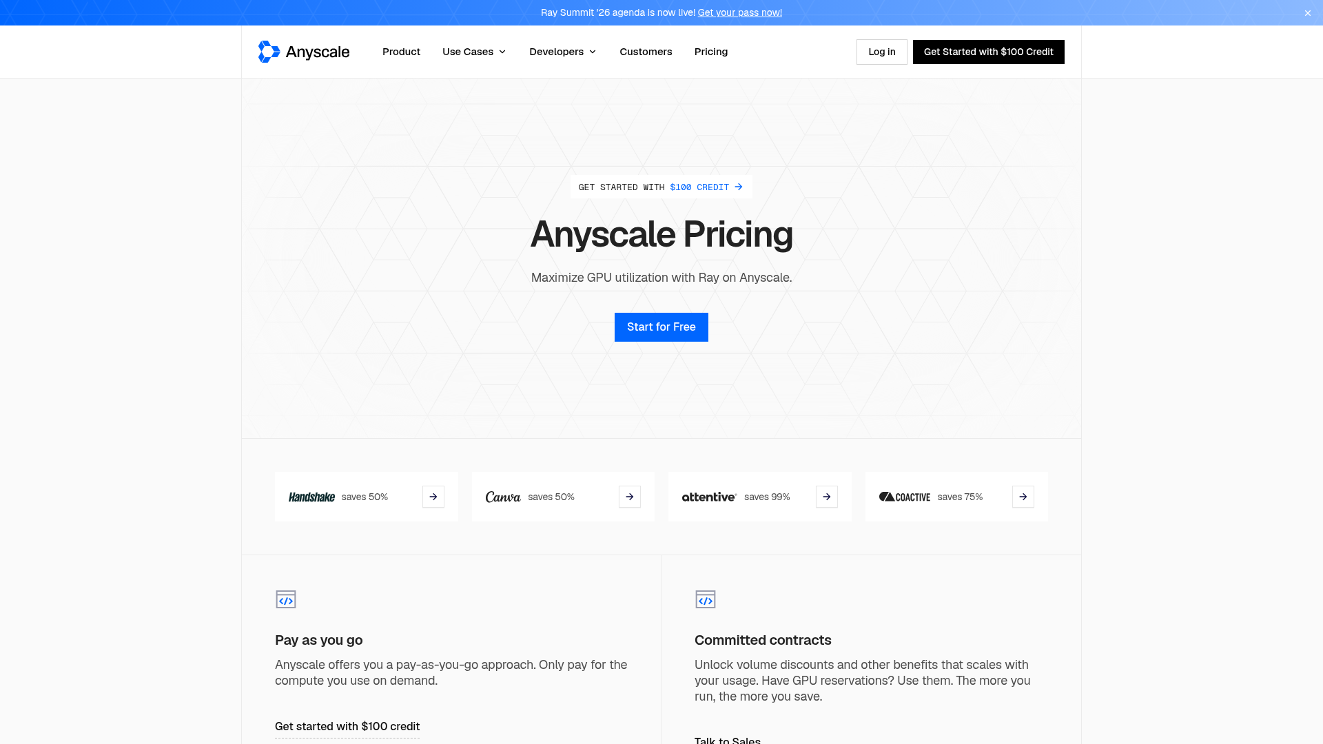 Anyscale pricing page showing pay-as-you-go, committed, Hosted, and BYOC options