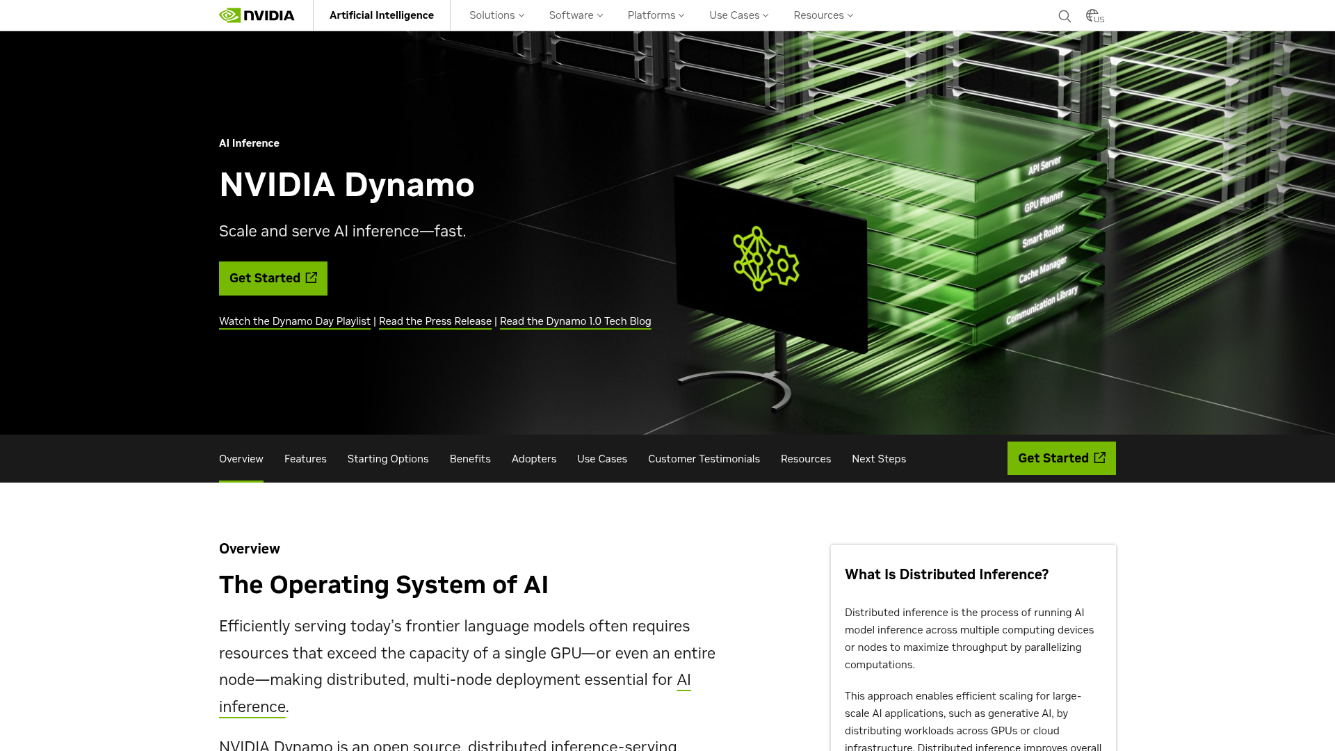 NVIDIA Dynamo product page showing distributed inference features