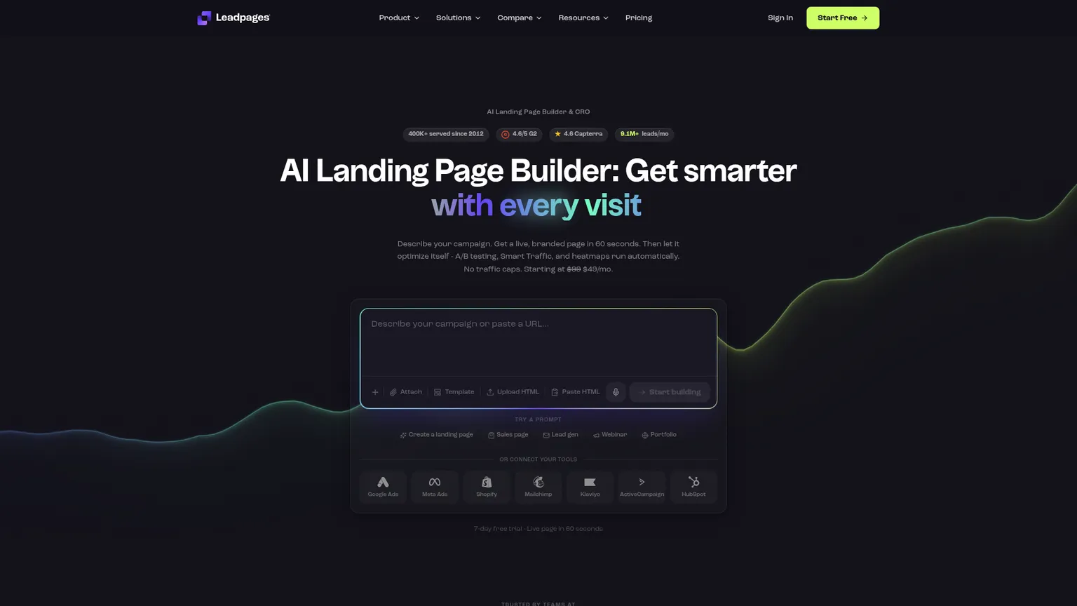 Leadpages pricing and builder homepage