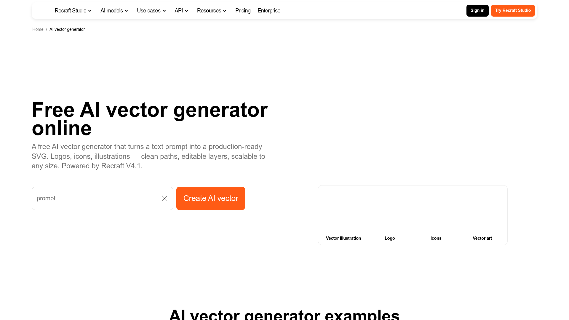 Recraft AI vector generator page showing prompt-to-SVG artwork