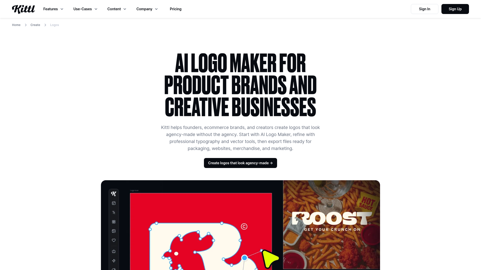 Kittl AI logo maker and vector design editor page