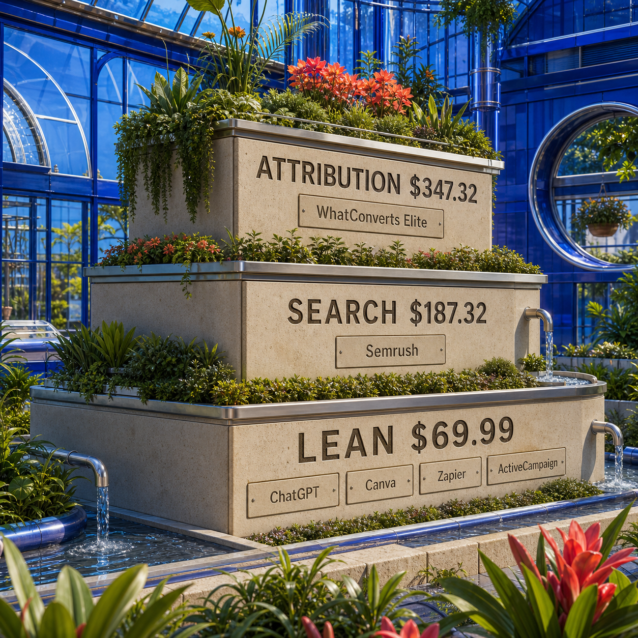 Three-level cost ladder for a lean AI marketing stack, a search stack, and an attribution stack