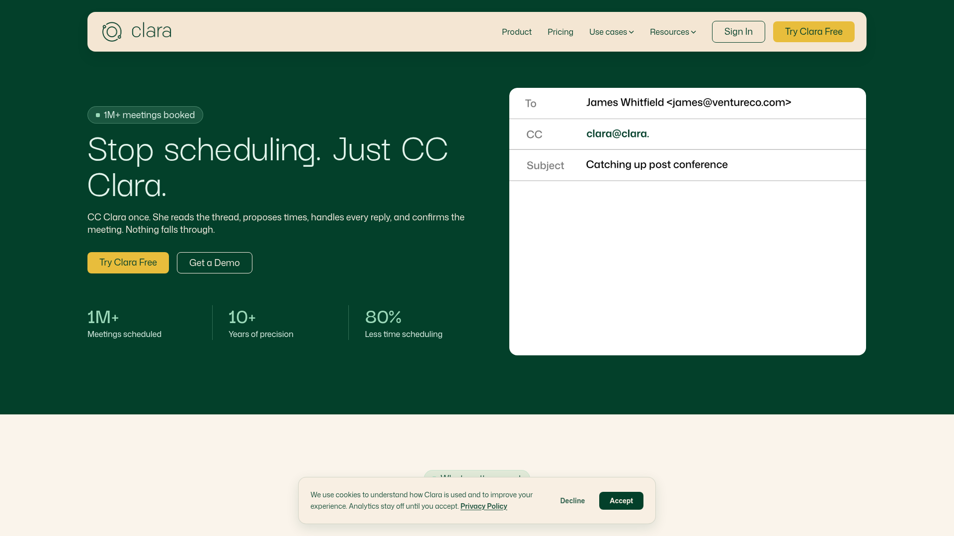 Clara AI scheduling assistant website showing its email-native scheduling workflow