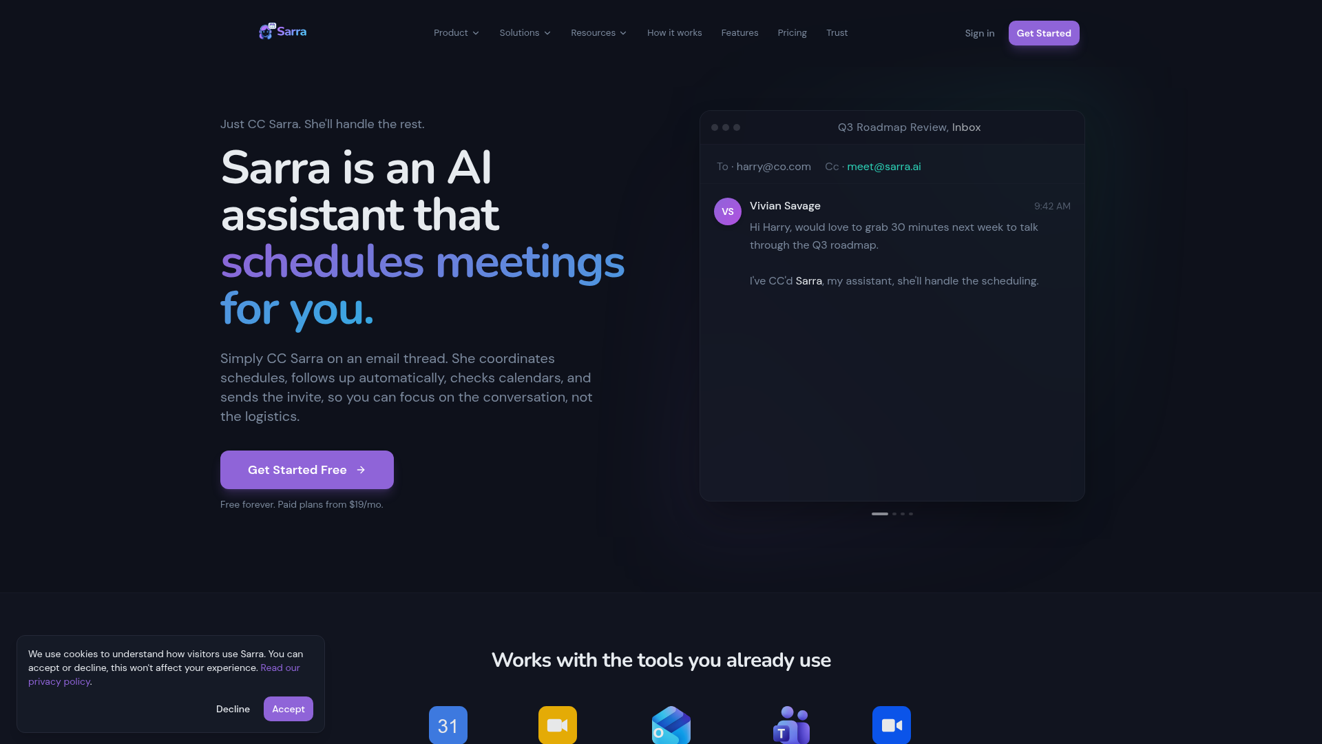 Sarra AI scheduling assistant website showing the CC email workflow
