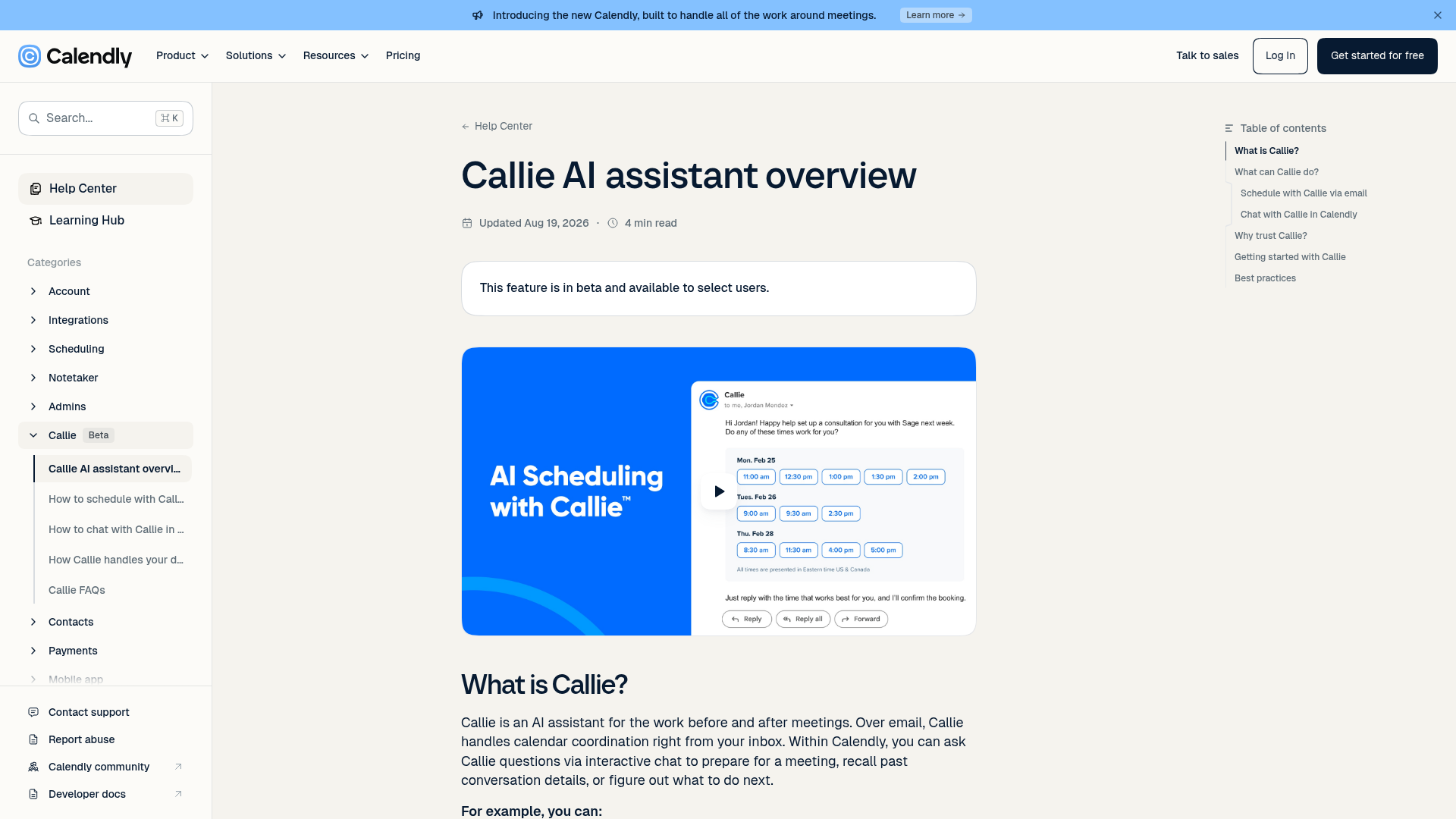 Calendly Callie help page showing AI scheduling and meeting-context capabilities