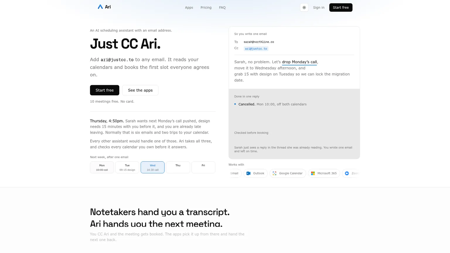 Сайт JustCC, где Ari координирует несколько действий с расписанием из одного письма