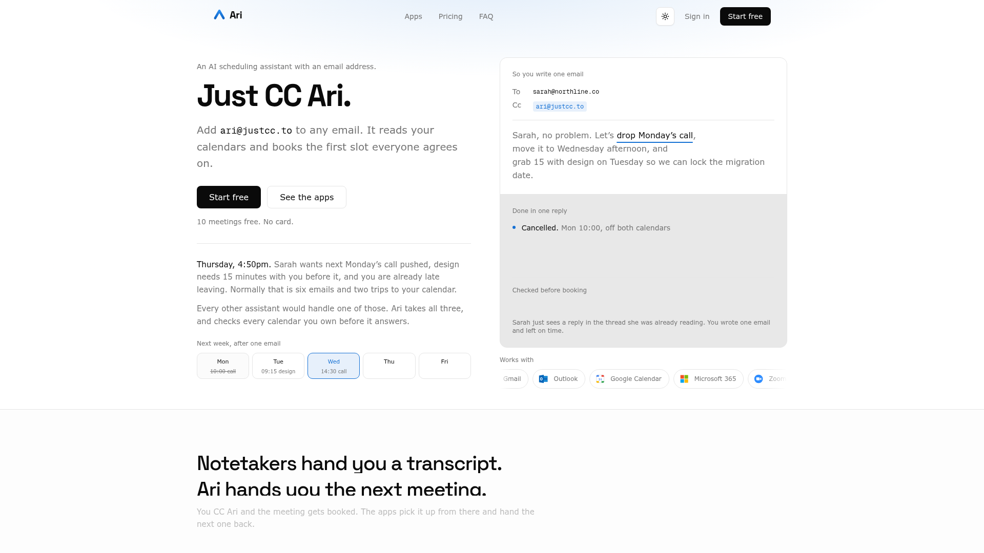 JustCC website showing Ari coordinating several scheduling actions from one email