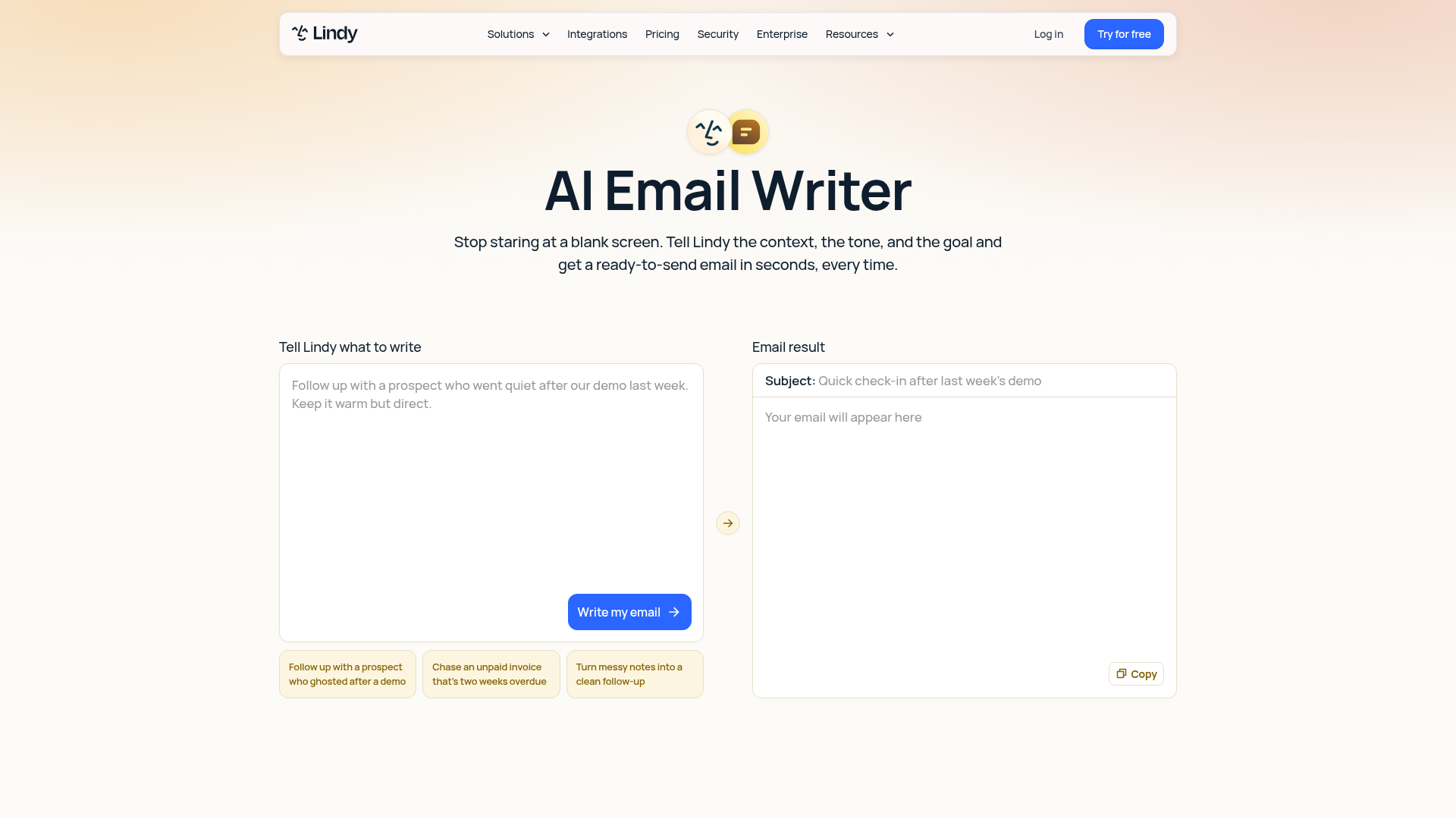 Lindy AI email assistant page showing inbox and meeting scheduling capabilities