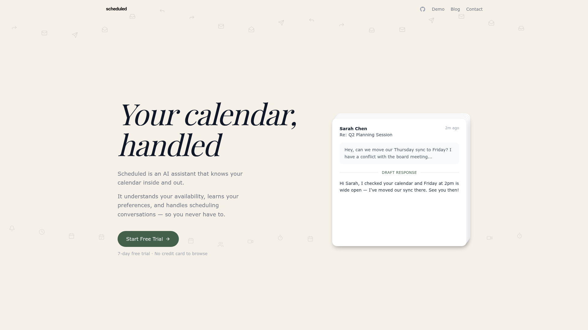 Scheduled AI email assistant website showing calendar-aware draft responses