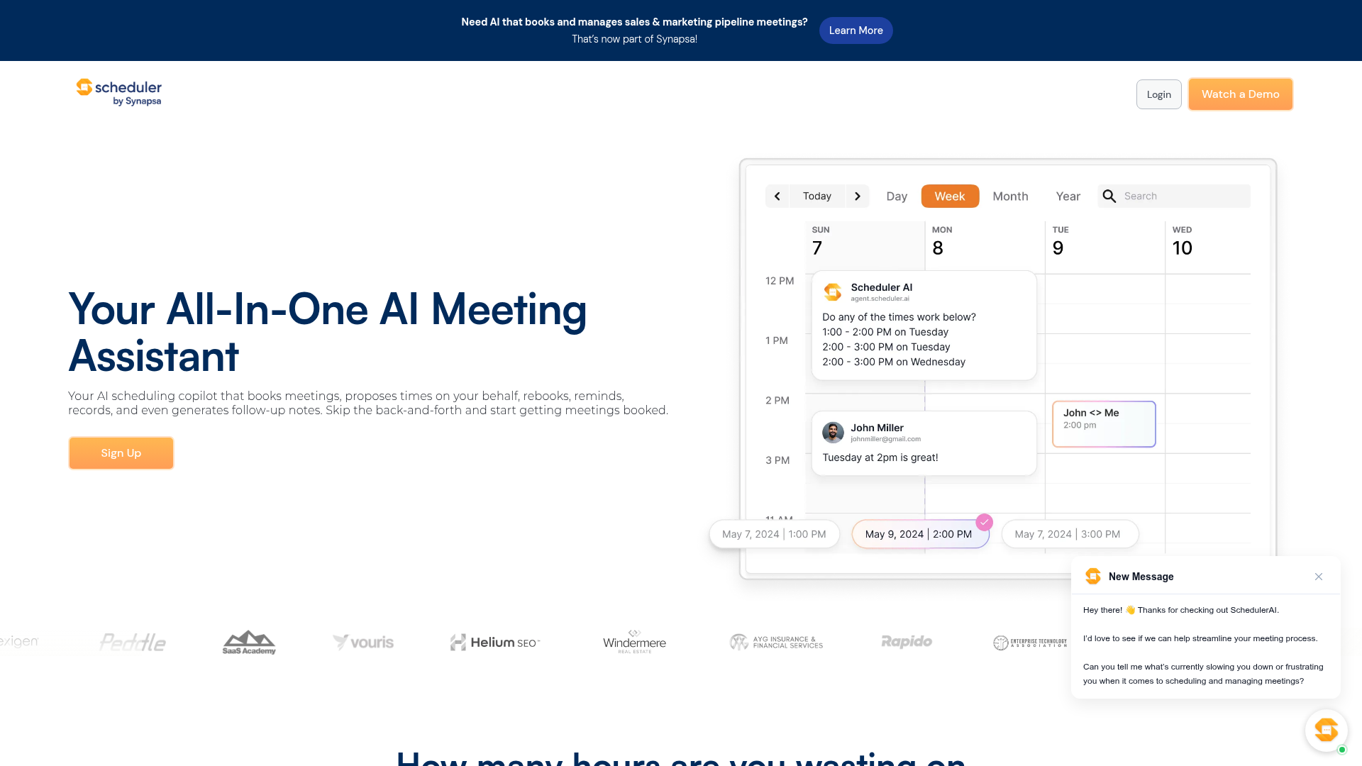 SchedulerAI website showing multichannel meeting booking and follow-up capabilities