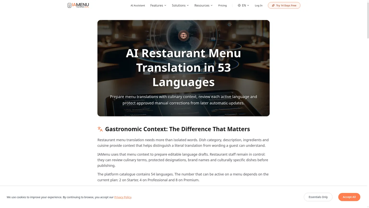 Produktseite von IAMenu zur KI-Übersetzung von Restaurant-Speisekarten