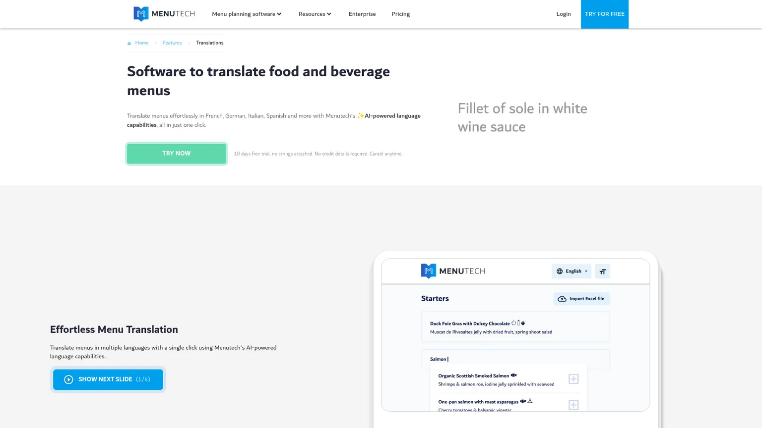 Menutech-Featureseite für die Übersetzung von Speisen und Getränken