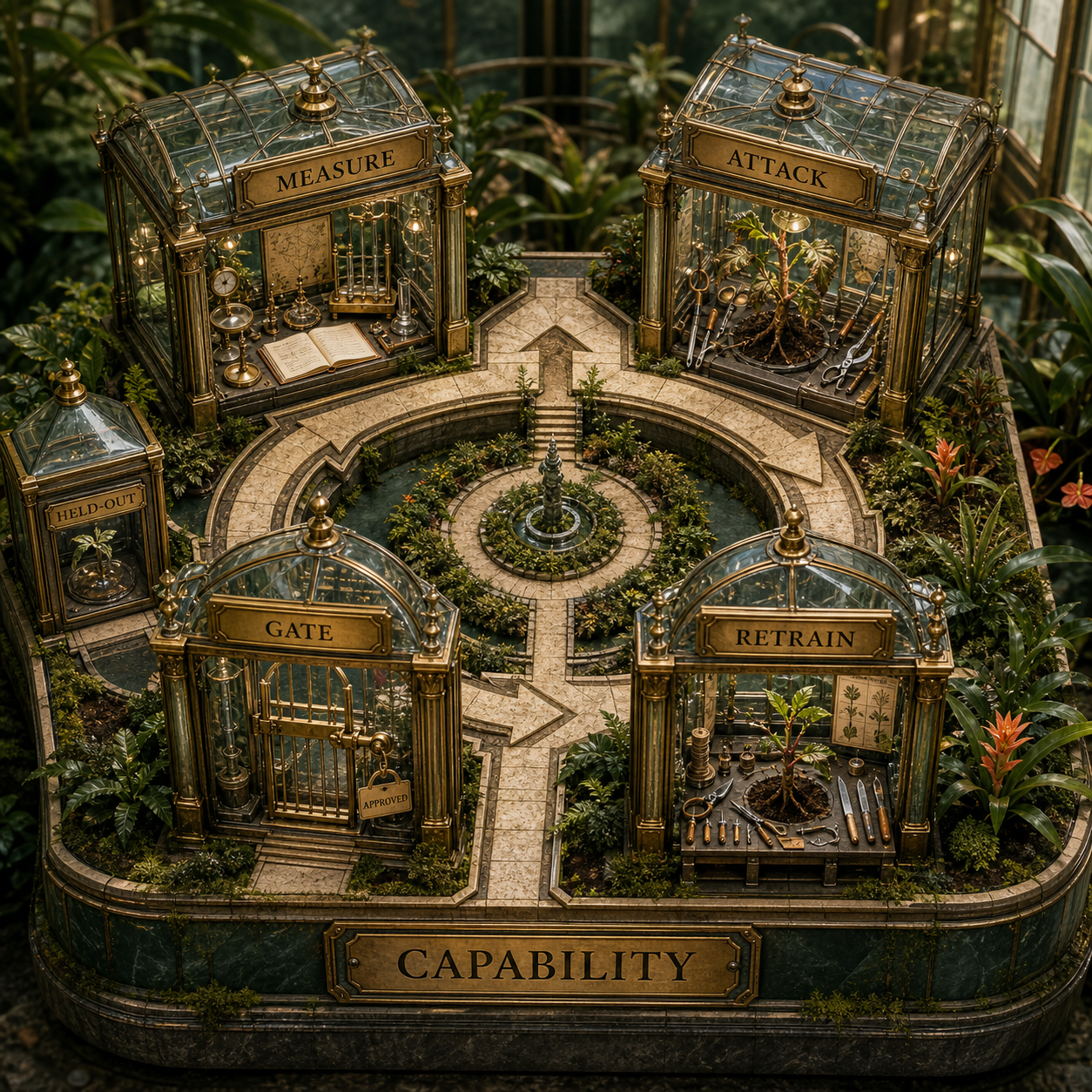 A four-stage alignment control loop connects measurement, attack, retraining, and release gating with held-out evidence and a capability floor