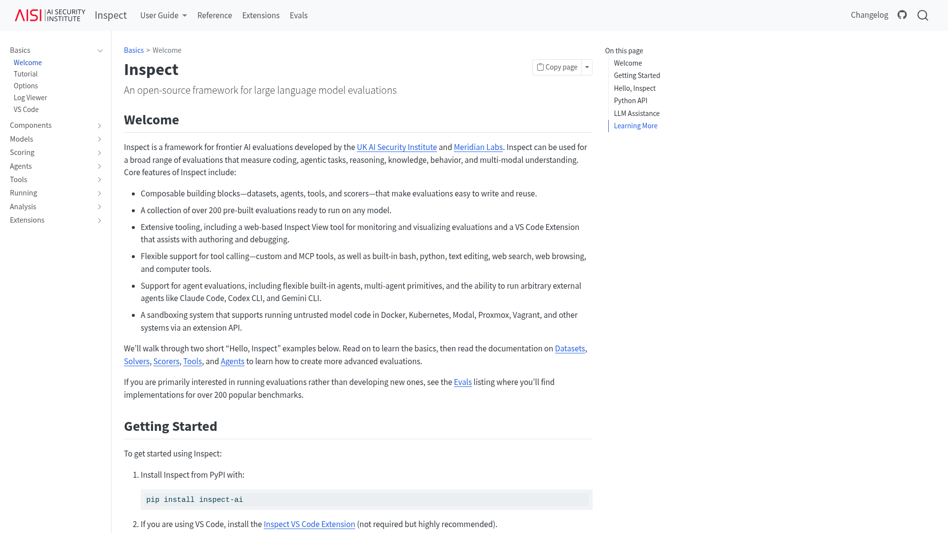 Inspect AI open-source model evaluation framework documentation